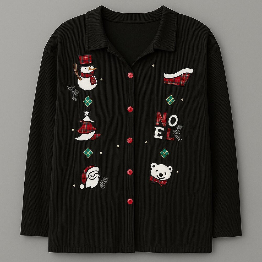 Planet & Company XL Black Christmas Sweater Santa Snowman Noel Plaid Appliqué